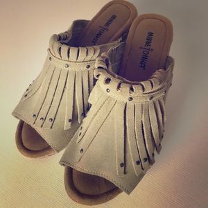 Minnetonka suede wedge mule with fringe